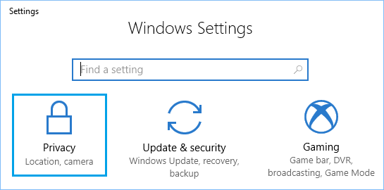 Privacy Option on Windows Settings Screen