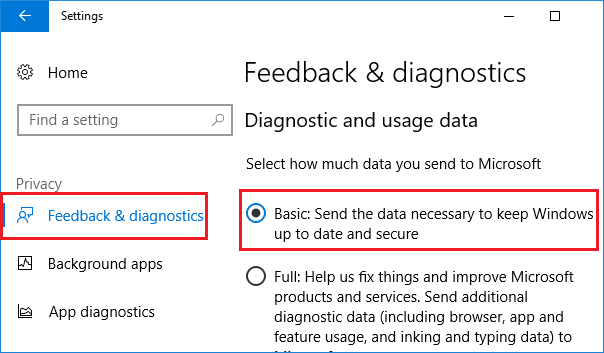 Feedback and Diagnostics Settings in Windows 10 