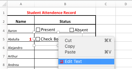 Editar el texto de la casilla de verificación en Excel