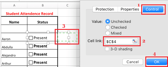 Vincular casillas de verificación a celdas en Excel