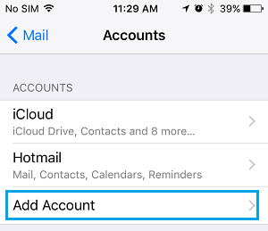 Opción de añadir una cuenta en el iPhone