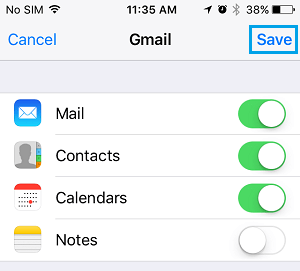 Activar el correo, los contactos, los calendarios y las notas de la cuenta de correo electrónico en el iPhone