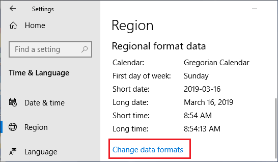 Opción de cambiar los formatos de datos en Windows