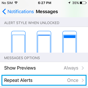 Repeat Alerts Settings Tab on iPhone