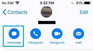 Message Icon on iPhone Contacts Screen 