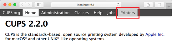 Printers Tab in CUPS Browser Interface on Mac