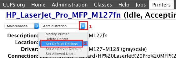 Set Default Options Tab on CUPS Browser Interface For Mac