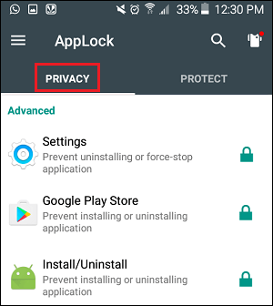 Privacy Tab in AppLock App on Android Phone