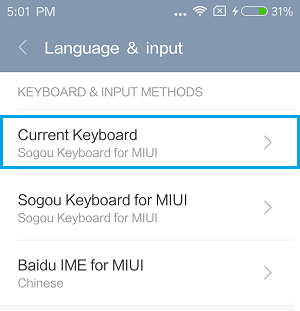 Current Keyboard on Xiaomi Phone