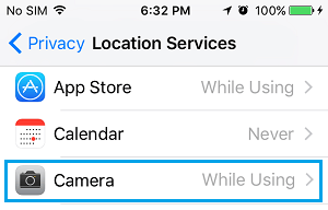 Camera App on iPhone Location Services Screen