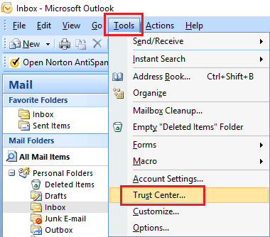 Open Trust Center in Microsoft Outlook