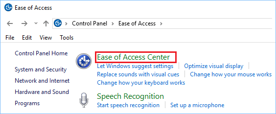 Ease of Access Center Option On Control Panel in Windows 10