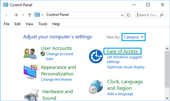 Ease of Access Option on Control Panel Screen in Windows 10