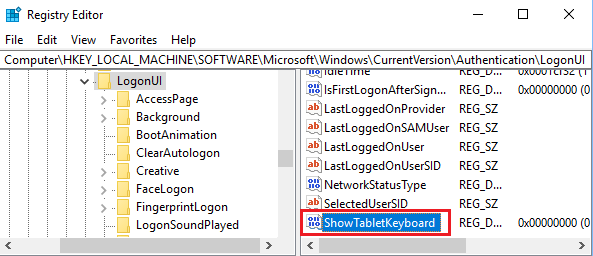 ShowTabletKeyboard Key On Registry Editor Screen in Windows 10