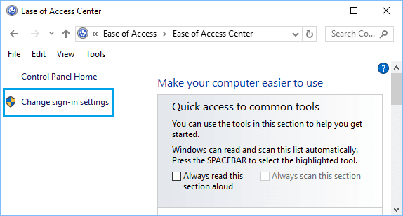 Change Sign-in Settings Option on Control Panel in Windows 10