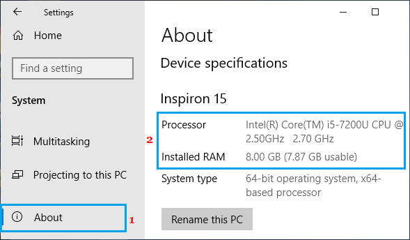 RAM Info on Windows Settings Screen