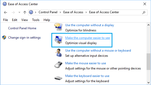 Make the Computer Easier to See Option in Windows 10 Control Panel