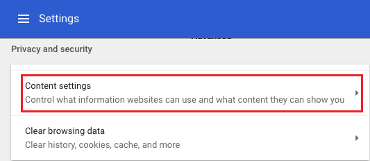 Opción de configuración del contenido en el navegador Chrome