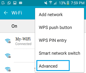 Pestaña de ajustes avanzados de WiFi en el teléfono Android