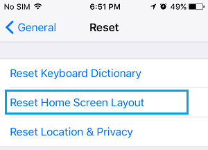 Reset Home Screen Layout option in iPhone
