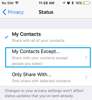 Share WhatsApp Status with My Contacts Except.. Option on iPhone 