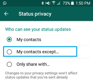 Share WhatsApp Status with My Contacts Except.. Option on Android Phone 