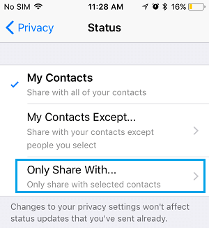 Share WhatsApp Status Only With... Option on iPhone