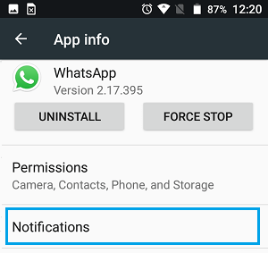 Opción de notificaciones de WhatsApp en la aplicación en un teléfono Android