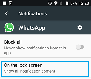 Opción para establecer las notificaciones de la pantalla de bloqueo de WhatsApp en un teléfono Android