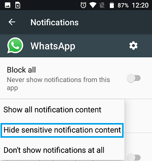 Ocultar el contenido sensible de las notificaciones de WhatsApp en un teléfono Android