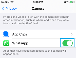 Allow WhatsApp to Access Camera on iPhone