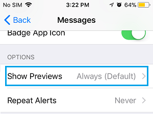 Show Message Previews Option on iPhone