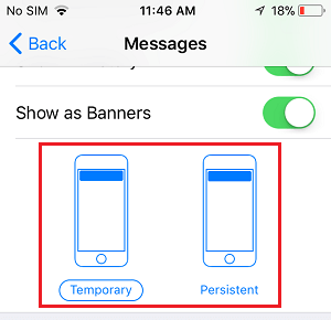 Temporary and Persistent Notifications Option on iPhone