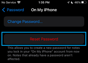 Reset Password Option in Notes App on iPhone
