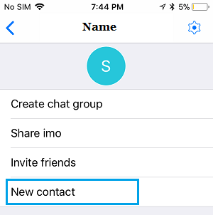 New Contact Option in imo on iPhone