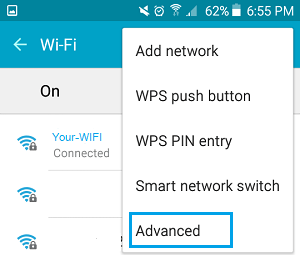 Advanced Option on WiFi Settings Screen on Android Phone