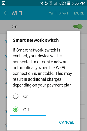 Disable Smart Network Switch Option on Android Phone