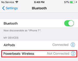 Dispositivos Bluetooth listados en el iPhone