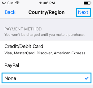 Select None Payment Information