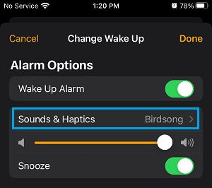 Sounds & Hepatics Settings Option in iPhone Clock App