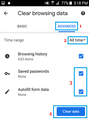 Clear Chrome Browsing Data from Android Phone