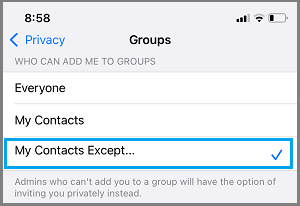 Select My Contacts Except Option in WhatsApp Group Settings