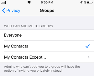 Who Can Add Me to WhatsApp Groups Screen on iPhone 