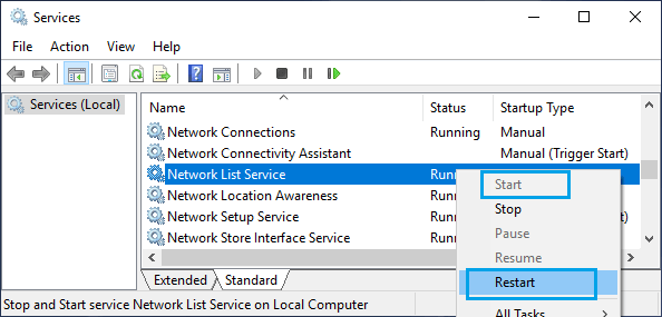 Restart Network List Service in Windows