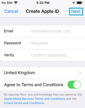 Create Apple ID Screen on iPhone