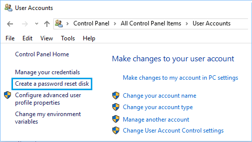 Create Password Reset Disk Option in Windows 10 Control Panel