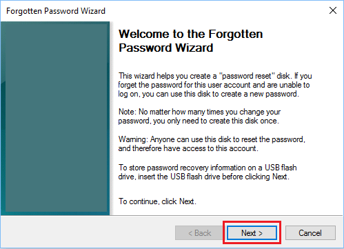 Forgotten Password Wizard Welcome Screen in Windows 10