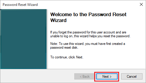 Password Reset Wizard Welcome Screen in Windows 10