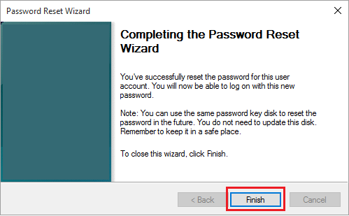 Password Reset Process Completed in Windows 10