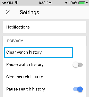 Clear YouTube Watch History Option On iPhone